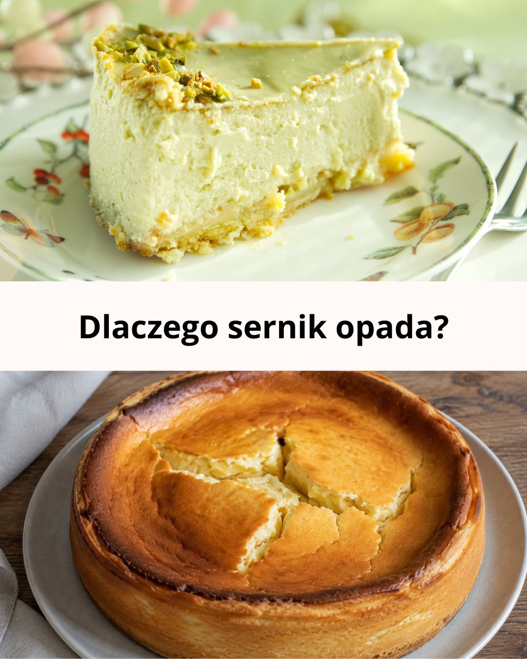 puszysty sernik oraz opadnięty sernik po upieczeniu – porównanie efektów pieczenia.